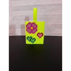Tiny Flower Tote Bag Neon Yellow Plastic Canvas Handmade Floral Gift for Her